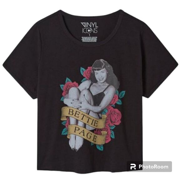 4X 26W Torrid Black Betty Page Crop Tee Ringer Relaxed Fit Tattoo Pinup Rose cre - Picture 1 of 6